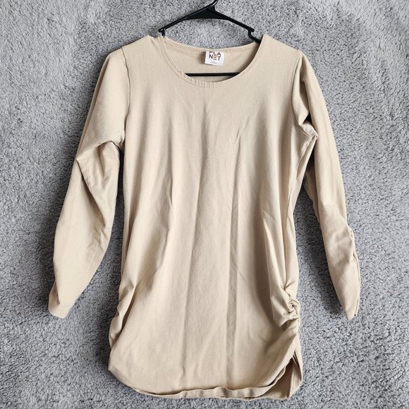 PLANET BY LAUREN G WOMENS TOP SIZE 1 (4/8) SAND COTTON LYCRA LONG SLEEVE RUCHE - Picture 1 of 10